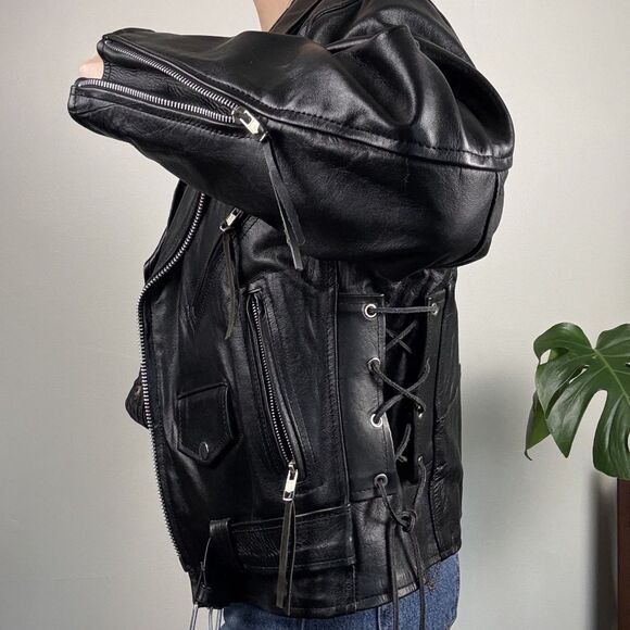 Vintage 80s 90s Leather Black Biker Moto Jacket, Paragon,Thinsulate Tassel Style - Picture 3 of 15